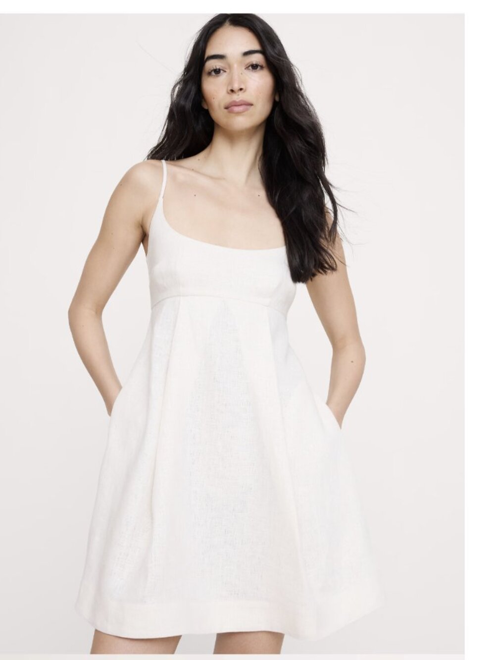 Linen Strappy Empire-Waist Mini Dress - Cream White color